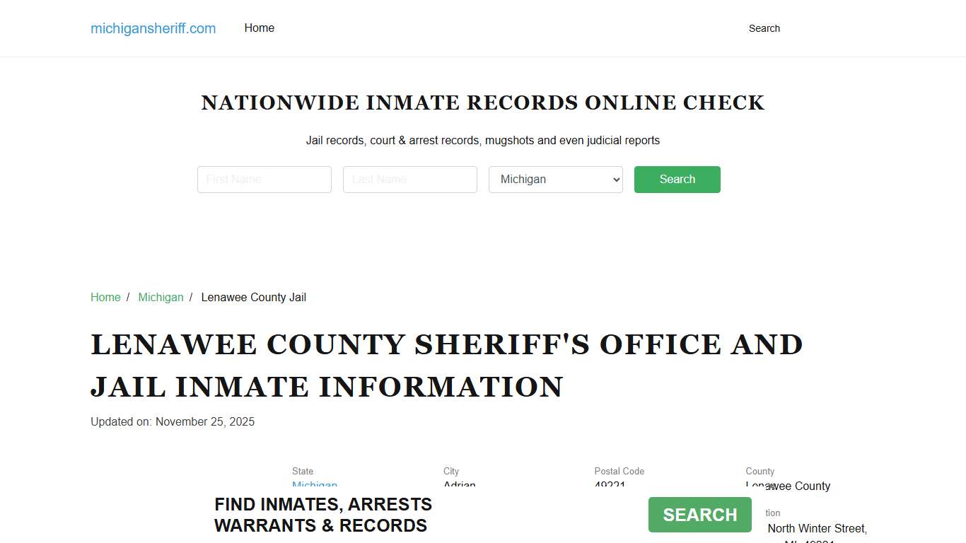 Lenawee County Sheriff, Michigan, Jail Inmate Search