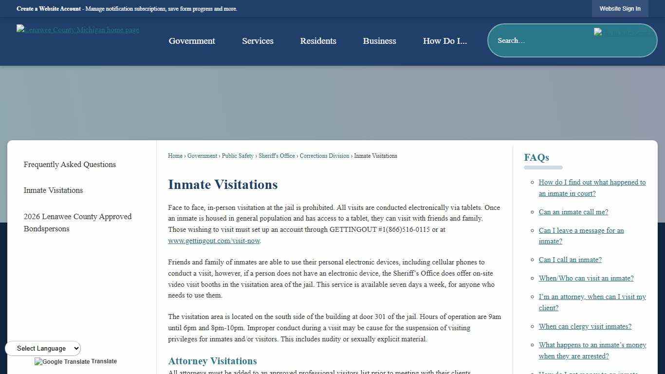 Inmate Visitations Lenawee County, MI